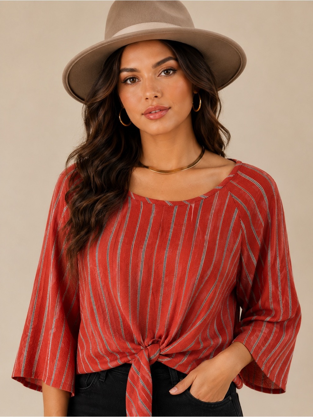 Striped Rust Tie-Front Blouse - Picture 4 of 12